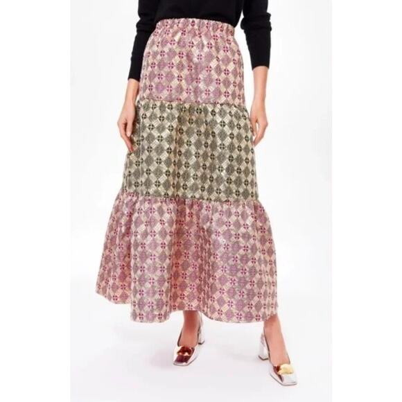 Tuckernuck Champaign Dreams Pink Gold Green Metallic Tiered Maxi Skirt Sz Small - Picture 1 of 8